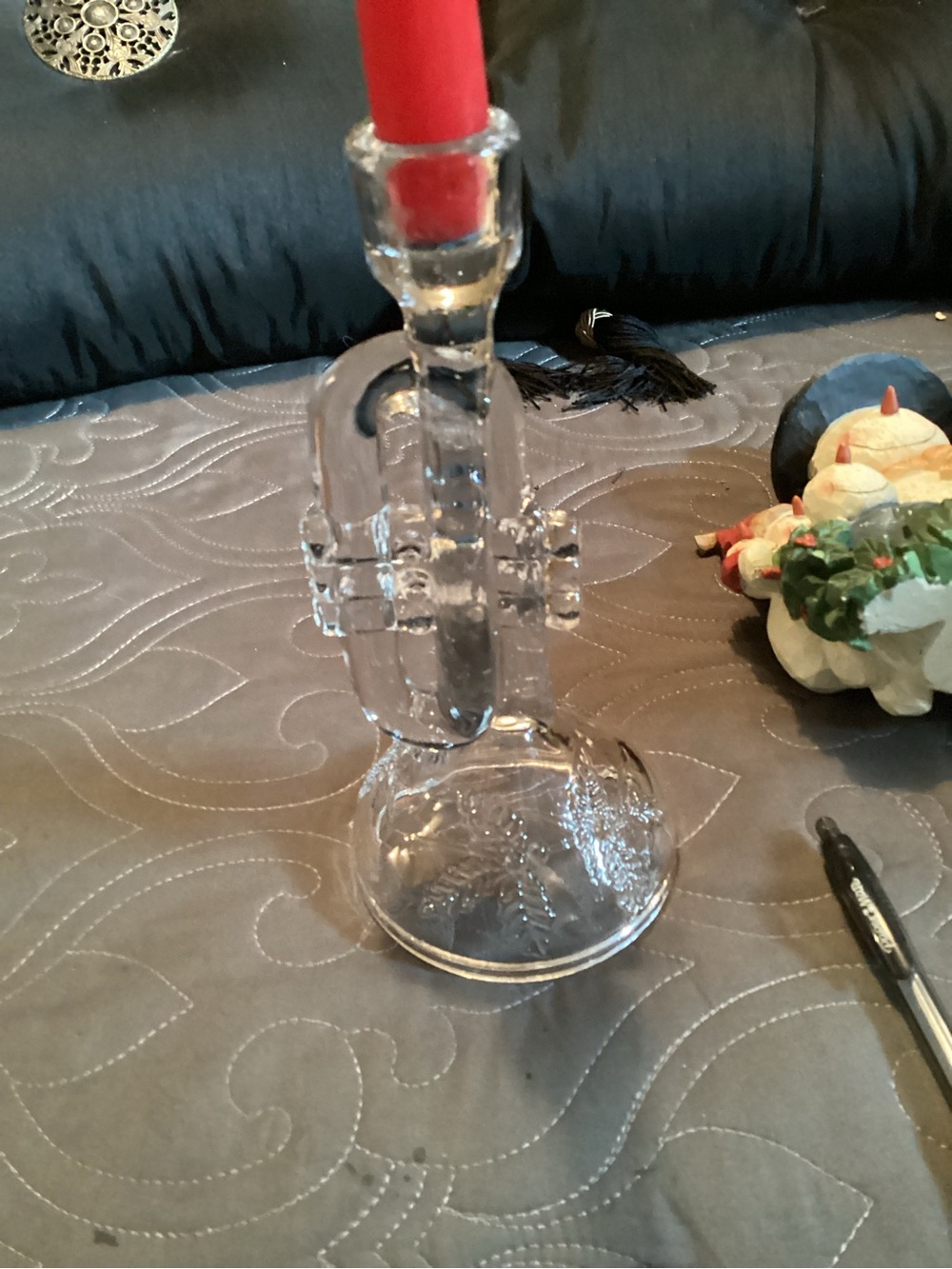 Clear Pressed Glass Candle Holder with Red Candle